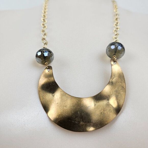 14/20 14k GF Gold Filled Necklace Hammered Crescent Half Moon Faceted AB Crystal - Picture 2 of 15
